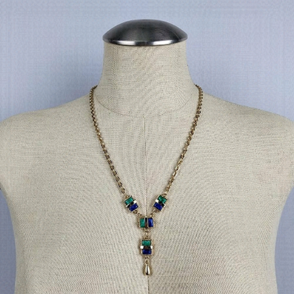 VINTAGE Sarah Coventry Blue & Green Stone Y Necklace